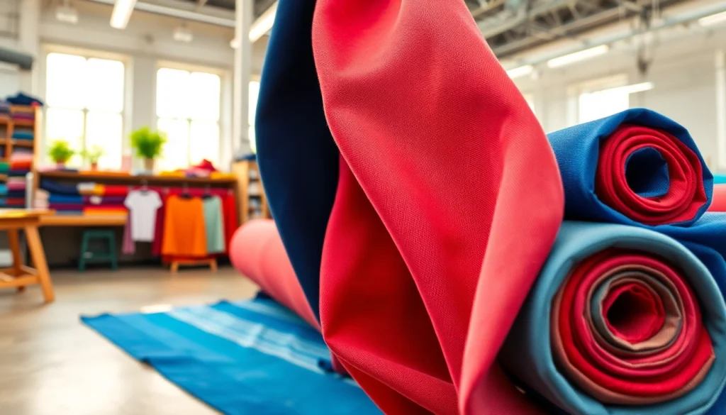 Punta di Roma stof in een levendige stoffenstudio met kleurrijke rollen stof.