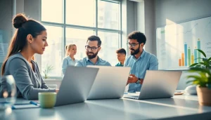 Engaged team at their workspace reviewing strategies using https://vj88.online/ for effective digital marketing.