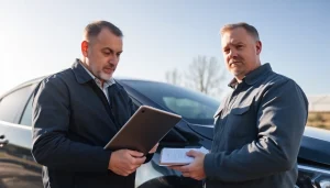 Gutachten Auto Düren: KFZ-Gutachter dokumentiert Fahrzeugschaden professionell im Freien.