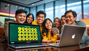 Main features of togel online presented in a lively atmosphere with people playing together.