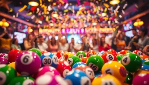 Menangkan hadiah bandar togel dengan bola lotere berwarna-warni dan suasana meriah.
