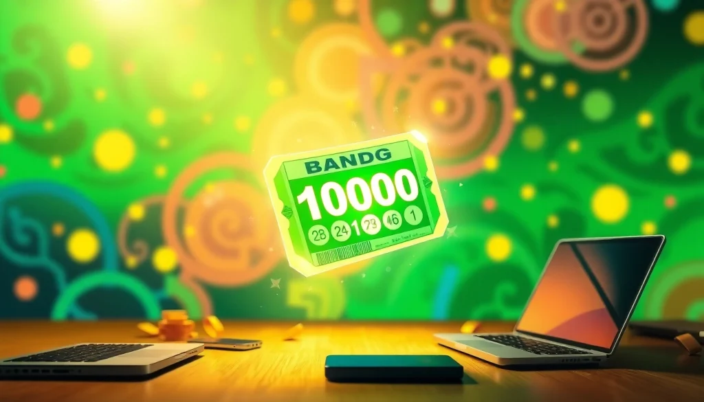 Aksi memenangkan bandar togel online dengan tiket lotere yang bersinar.