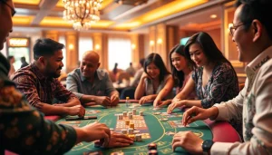 Permainan togel resmi yang menarik dengan pemain di meja judi yang ceria.