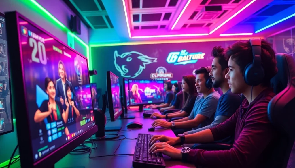 Pemain bercampur bersemangat dalam bandar bola game online dengan skenario modern dan pencahayaan neon yang cerah.