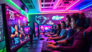 Pemain bercampur bersemangat dalam bandar bola game online dengan skenario modern dan pencahayaan neon yang cerah.