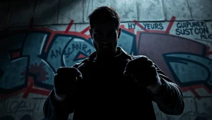 Hero confronts danger in a gritty urban backdrop in a Clean action thriller.