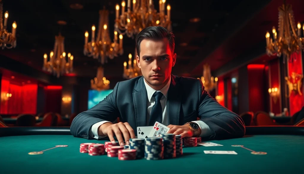 Gambler at a casino table showcasing MM88 gaming excitement and intensity.