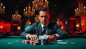 Gambler at a casino table showcasing MM88 gaming excitement and intensity.