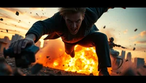 Capture the intensity of a clean action thriller with a heroic character in mid-action amidst an explosion.