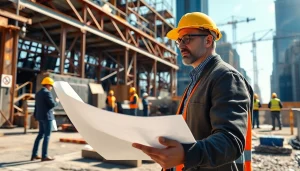New York Construction Manager guiding a team at a bustling construction site in New York City.