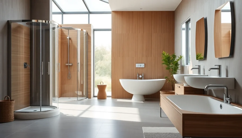 Sonni sanitär Produkte in einem eleganten Badezimmer-Setup, stilvolle Duscheinheiten und moderne Armaturen.