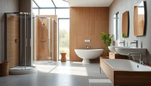 Sonni sanitär Produkte in einem eleganten Badezimmer-Setup, stilvolle Duscheinheiten und moderne Armaturen.