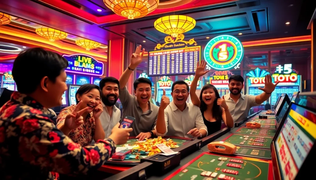 Menyaksikan momen kemenangan Bandar Toto Macau dengan pemain merayakannya dalam suasana kasino yang meriah.