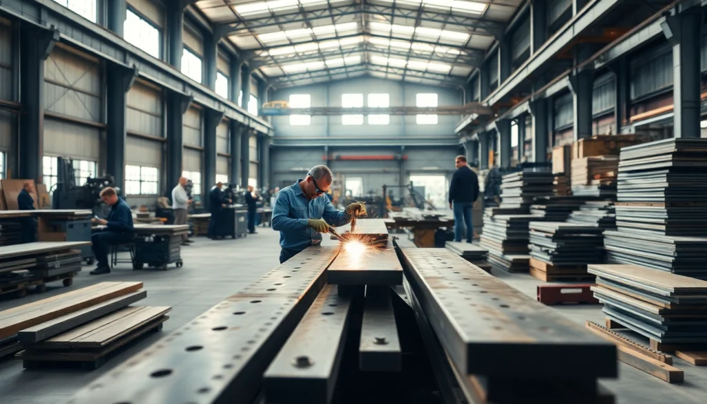 Workers efficiently operating machinery in a steel fabrication shop