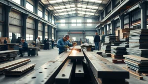Workers efficiently operating machinery in a steel fabrication shop