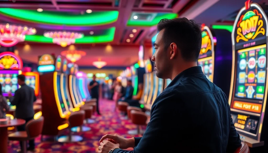 Slot bet 50 memperlihatkan pemain yang bersemangat di mesin slot modern yang cerah.