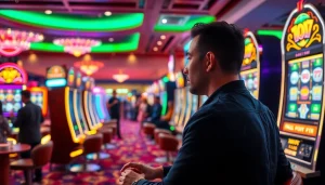 Slot bet 50 memperlihatkan pemain yang bersemangat di mesin slot modern yang cerah.