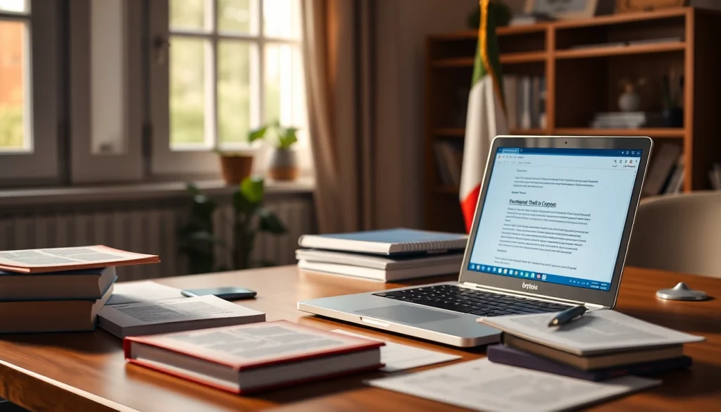 Espace de travail professionnel d'un traducteur assermenté italien avec des documents juridiques et des outils de traduction.