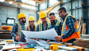 Builders discussing plans in a construction site emphasizing the Texas association of builders.
