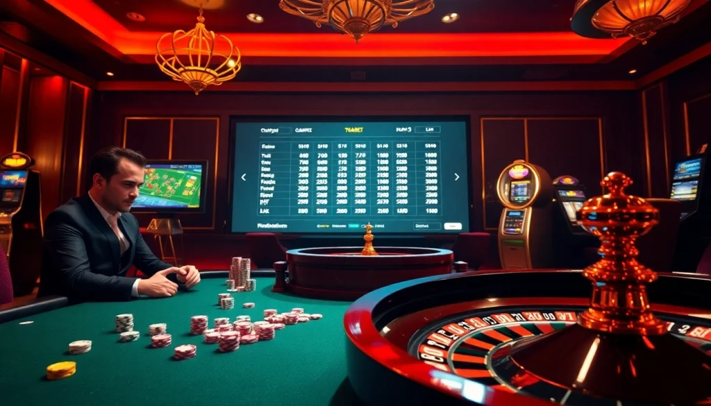 Players enjoying a thrilling game at Thabet's casino table, surrounded by vibrant betting elements.