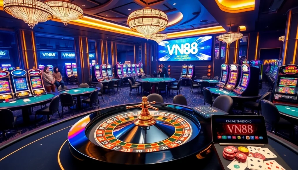 Excited players engage in gambling at VN88 casino tables surrounded by vibrant slot machines.