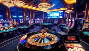 Excited players engage in gambling at VN88 casino tables surrounded by vibrant slot machines.