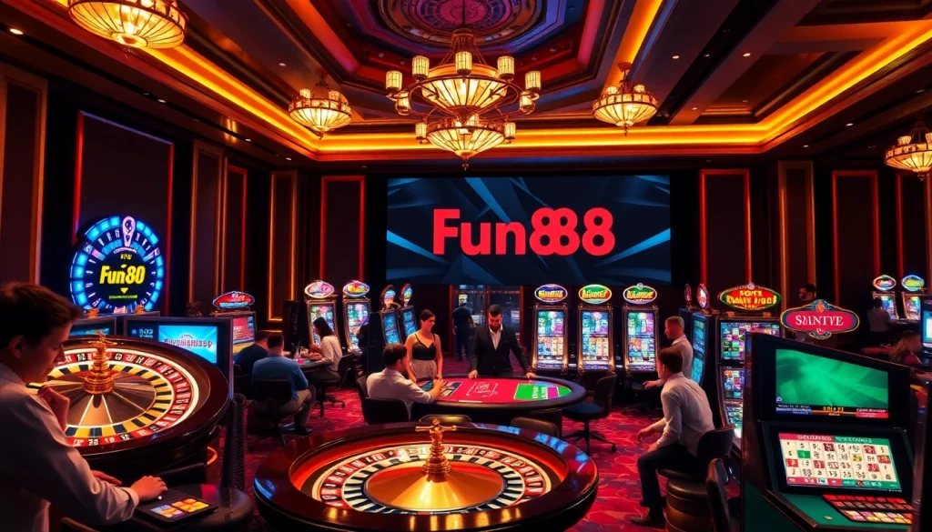 Fun88 players enjoying a vibrant casino environment with poker, blackjack, and slots