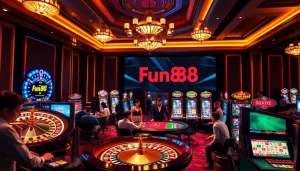 Fun88 players enjoying a vibrant casino environment with poker, blackjack, and slots