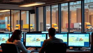 Trucking Dispatch Company coordinating freight logistics with professionals in a modern office setting.