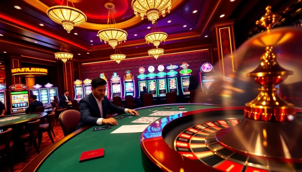 Experience the thrill of gaming at F168.COM with an exciting poker table and vibrant slot machines.