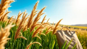Jute planten in een zonnig veld, met close-up van jutevezels en een jute product ernaast.