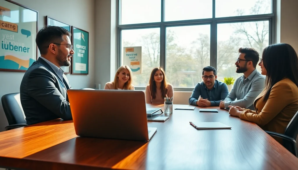 Engaged business coaching service dialogue between a confident coach and diverse clients in a modern office.