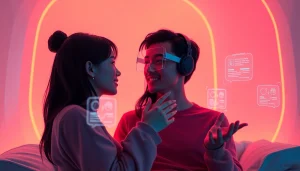 AI sex interaction in a futuristic virtual reality setting with diverse digital avatars.