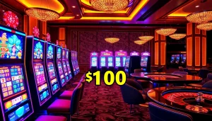A player placing a slot bet 100 at a vibrant casino, surrounded by colorful slot machines and gambling elements.