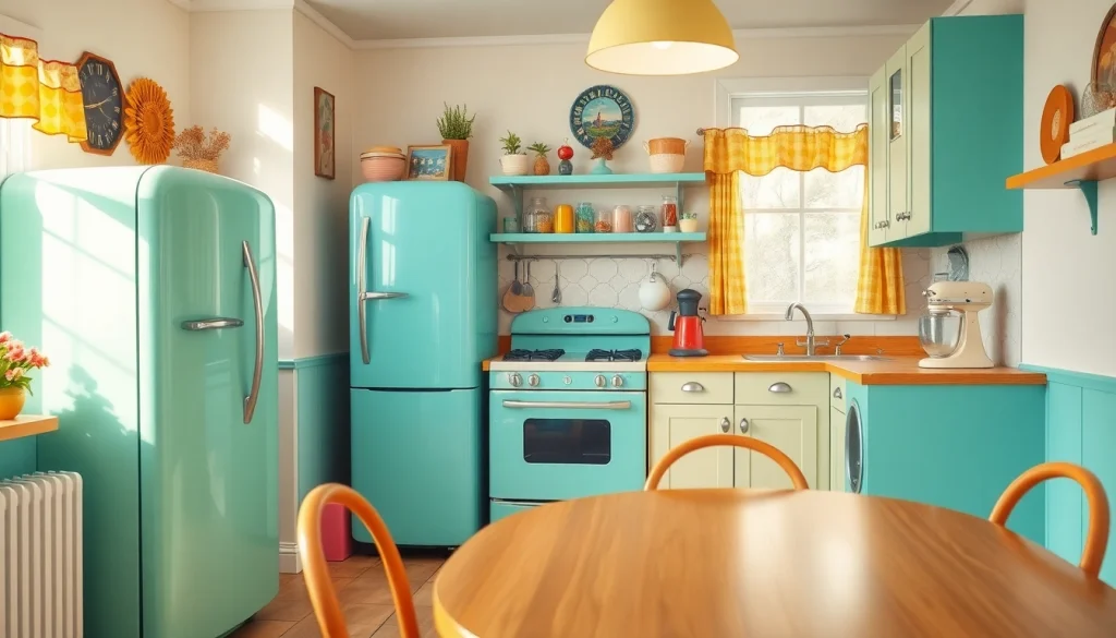 Discover delightful retro appliances enhancing a vibrant kitchen with vintage charm.