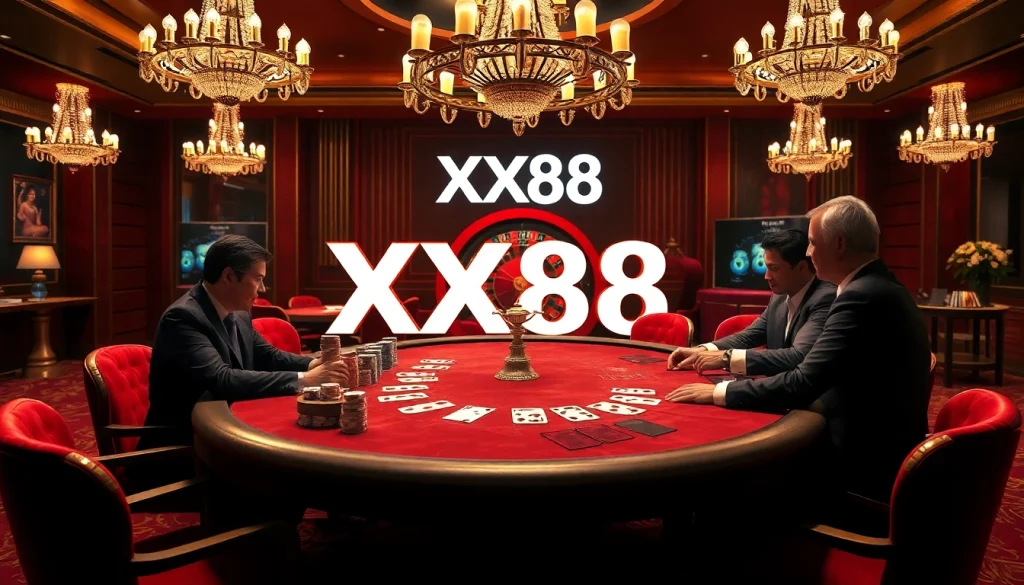 Experience the thrilling excitement of gambling at XX88's luxurious casino, featuring high-stakes poker action.