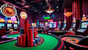 Exciting gameplay at https://rr88.wales/, featuring poker tables and slot machines in a luxurious casino setting.