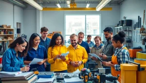Students collaborating in a vibrant abc trade school, surrounded by practical training tools and a supportive atmosphere.