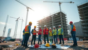 Workers engaged in Austin construction project with cranes and safety gear.