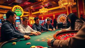 Players engage intensely at a poker table in a high-stakes environment, showcasing new 66 gaming excitement.