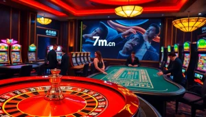 Gamblers engaging with the thrilling online platform 7m.cn in a vibrant casino setting.