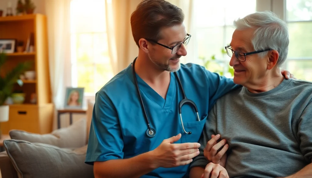 Promote austin senior home care with a compassionate caregiver assisting an elderly man in a comfortable home environment.