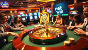 Experience the thrill of net win at a luxury roulette table, with excited players and shining chips.