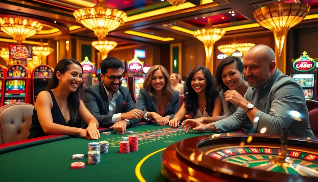 Para pemain Toto Slot menikmati permainan seru di tengah atmosfer kasino yang hidup.