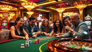 Para pemain Toto Slot menikmati permainan seru di tengah atmosfer kasino yang hidup.