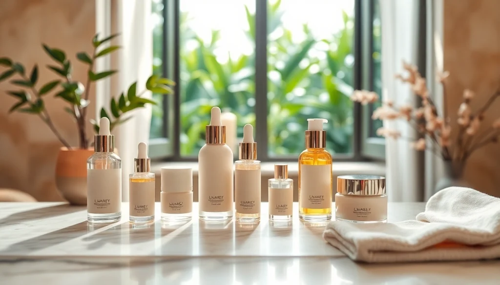 Anti-age hudvårdsprodukter visas i en lugn spa-miljö med elegant förpackning.