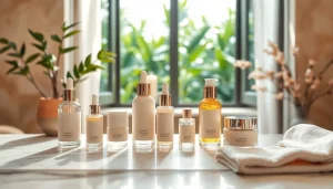 Anti-age hudvårdsprodukter visas i en lugn spa-miljö med elegant förpackning.