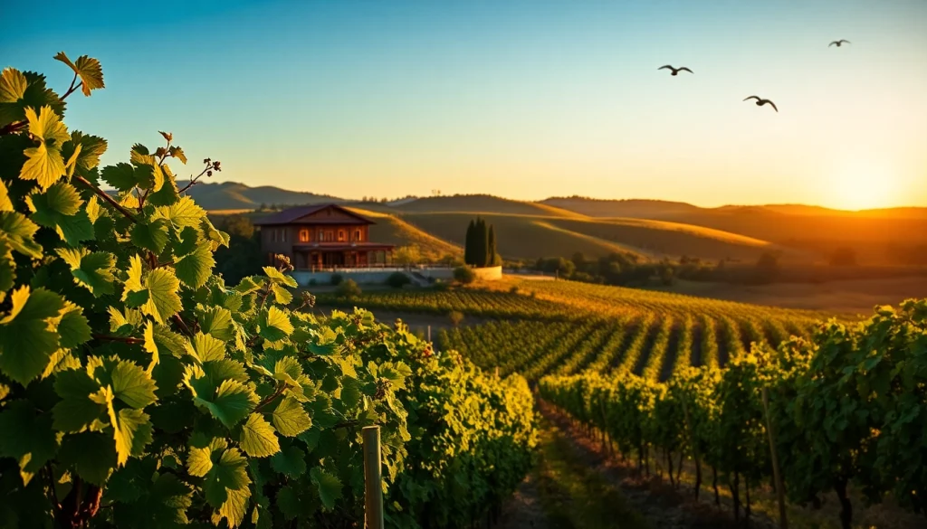 Stunning view of Clarksburg wineries highlighted by golden sunset over scenic vineyards.