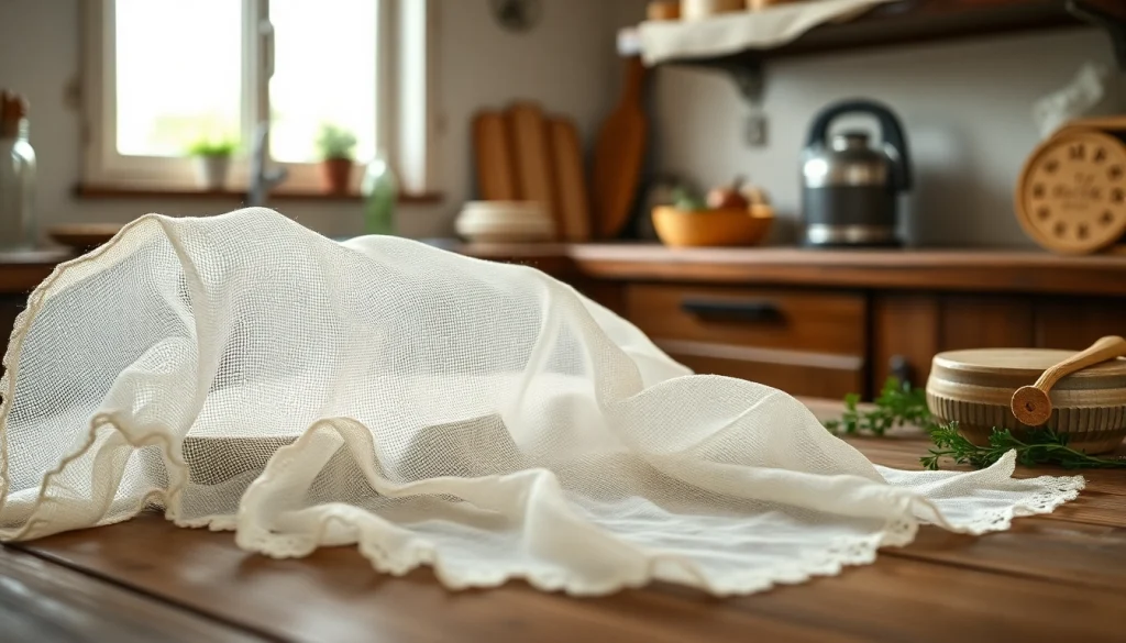 Kaasdoek op een rustieke houten tafel, omringd door kaas maak gereedschappen en zonlicht.