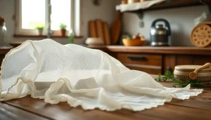 Kaasdoek op een rustieke houten tafel, omringd door kaas maak gereedschappen en zonlicht.